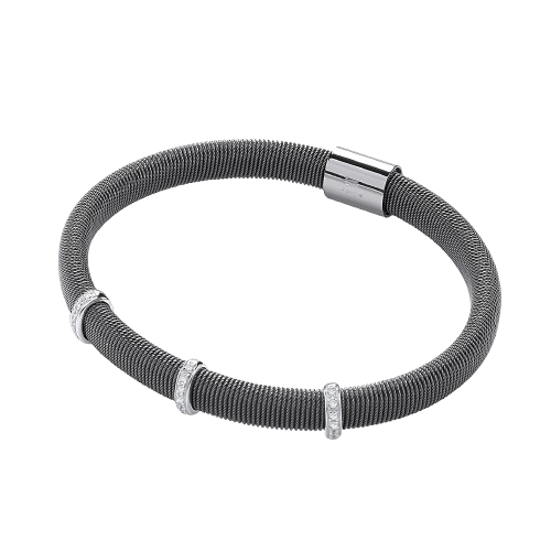 Ruthenium magnetic bracelet with three rows of cubic zirconias