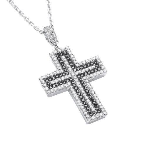 Black and Clear Cubic Zirconia Cross with Micro Pave Chain