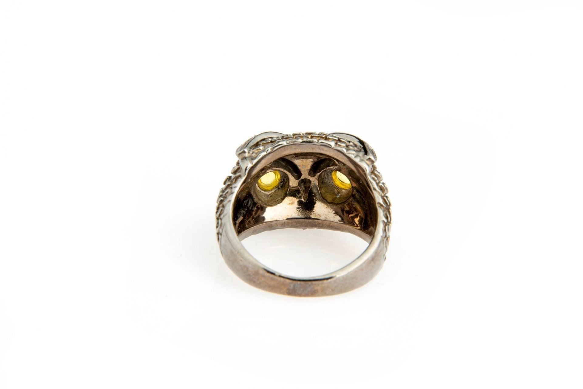 Silver, diamond and citrine cabochon owl ring