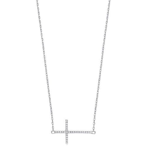 Silver Cz Sideways Cross Pendant 16" Necklace