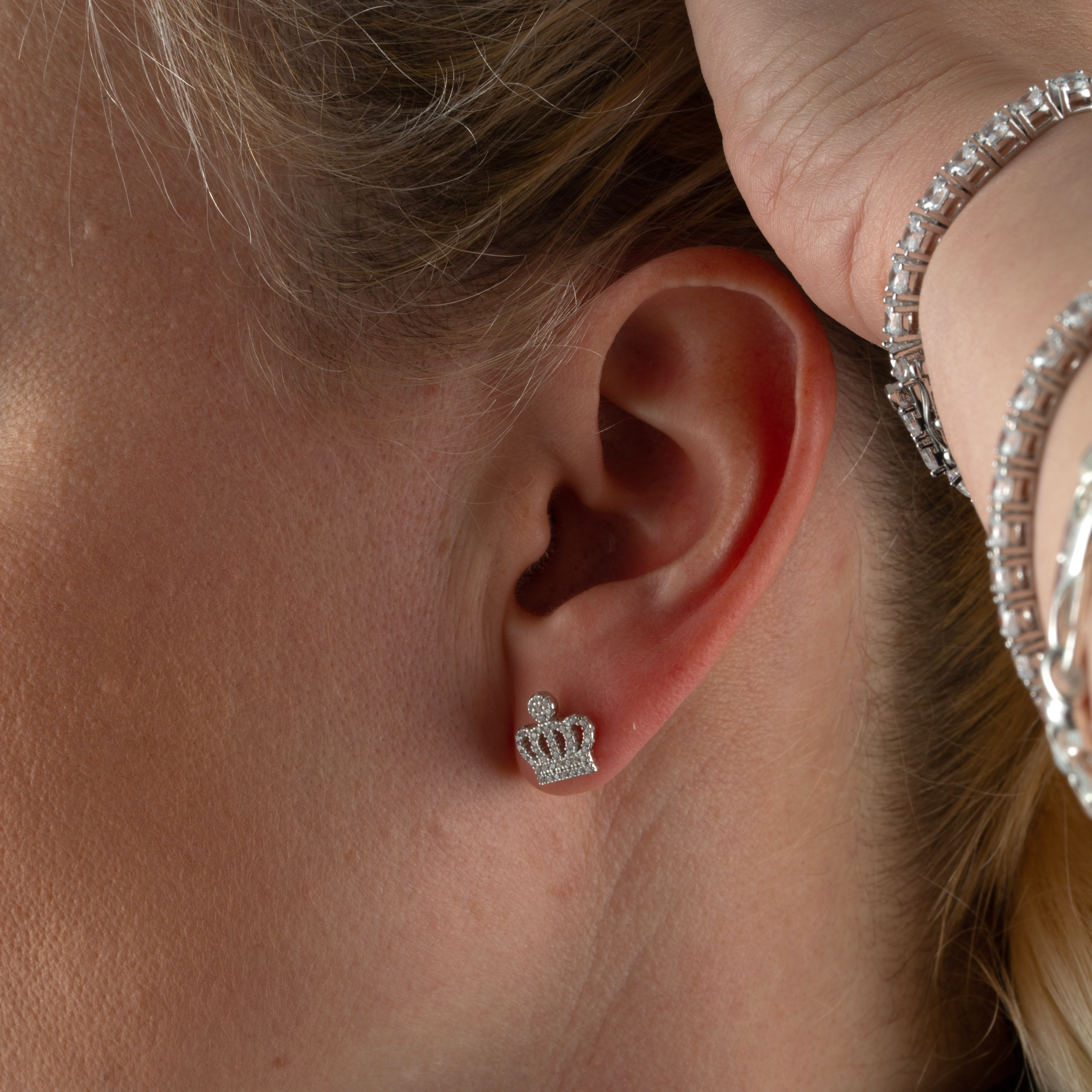 Micro Pave Cz Crown Stud Silver Earrings