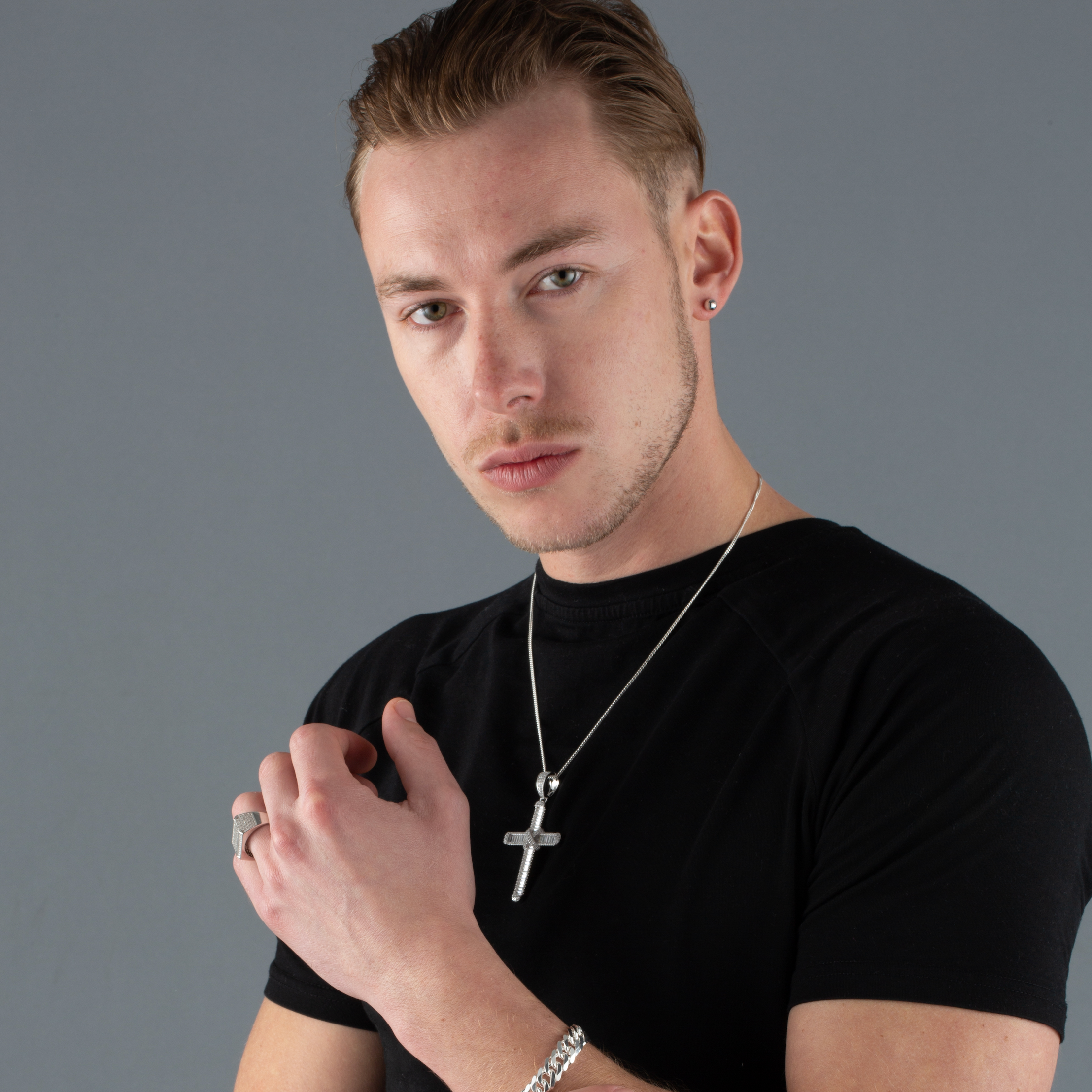 Silver Baguettes & Round CZs Large Cross