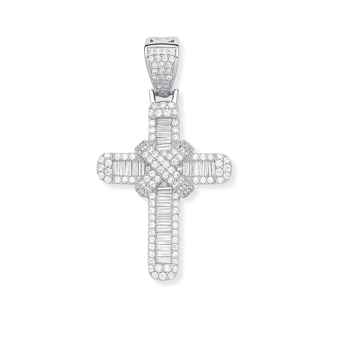 Silver Round & Baguette CZs Kiss Cross