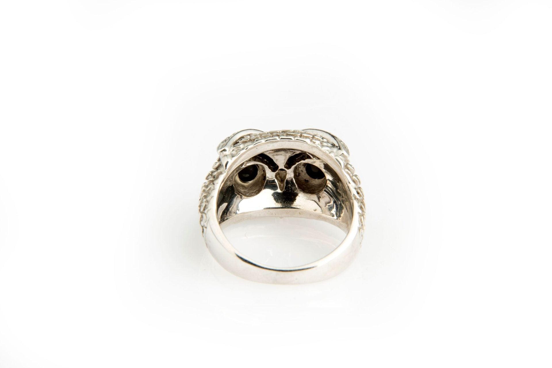 Silver, black diamond and onyx owl ring