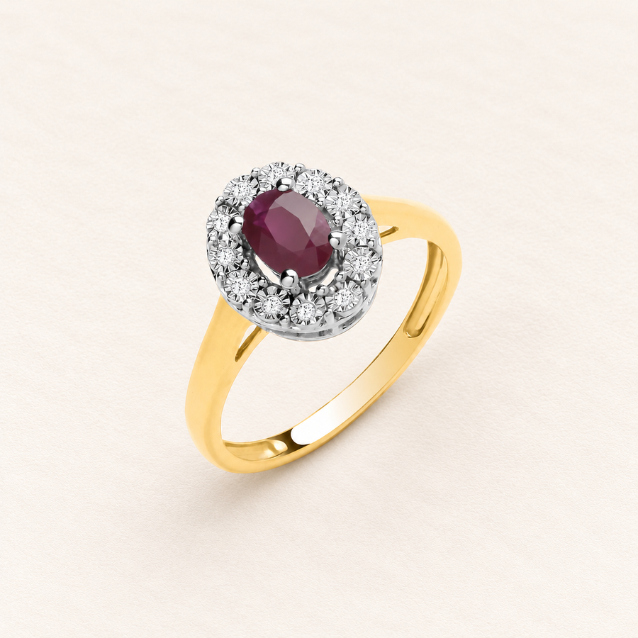 Bague Halo Rubis — or jaune 9 carats et diamants