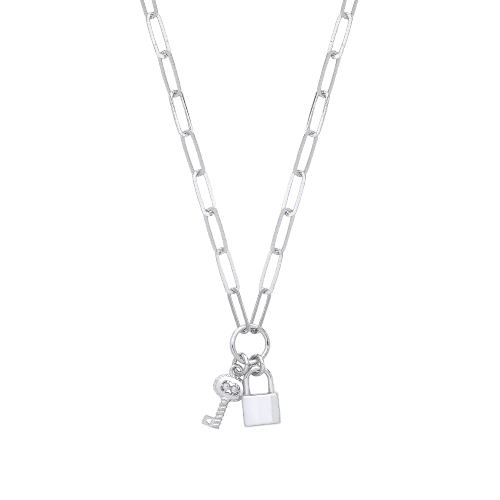 Silver Paper Clip Chain , Padlock & CZ Key Necklace