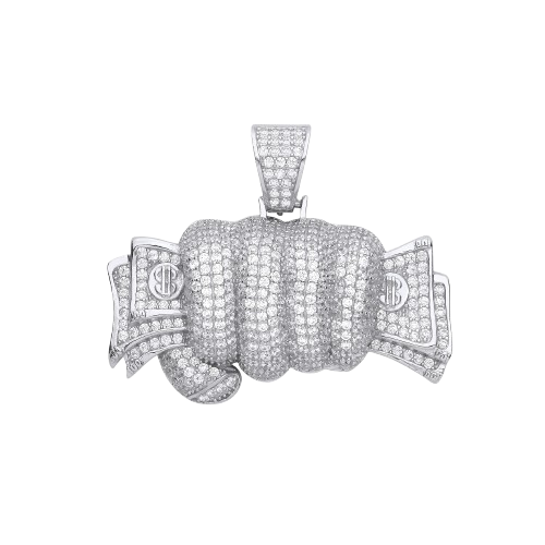 Silver Fist Full of Cash CZ Hollow Pendant