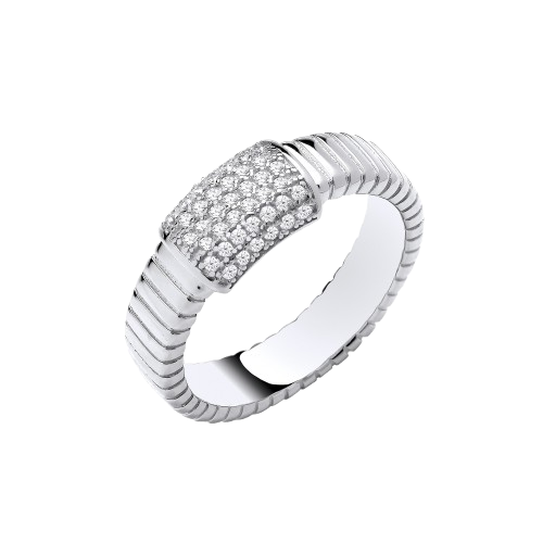 Silver Ribbed Link with CZ ID Plate Ring