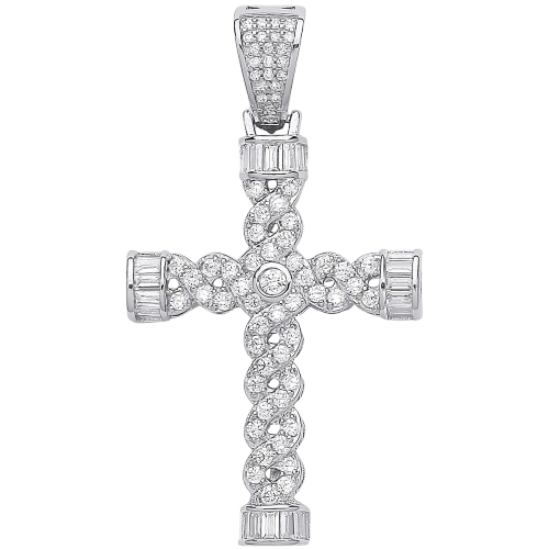 Silver Plait Style Fancy Cz Cross