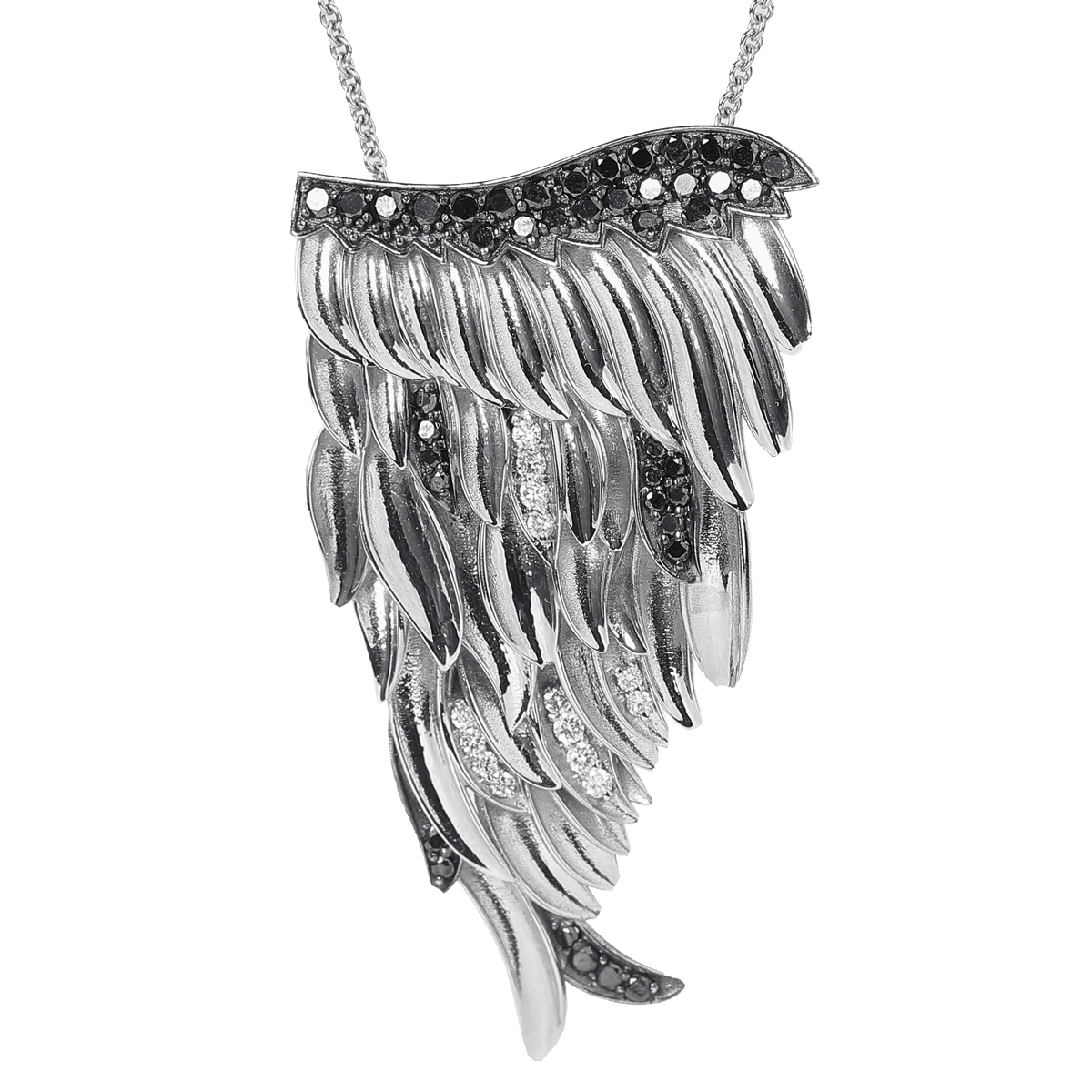 Large angel wing pendant in white gold, white diamond and black diamond
