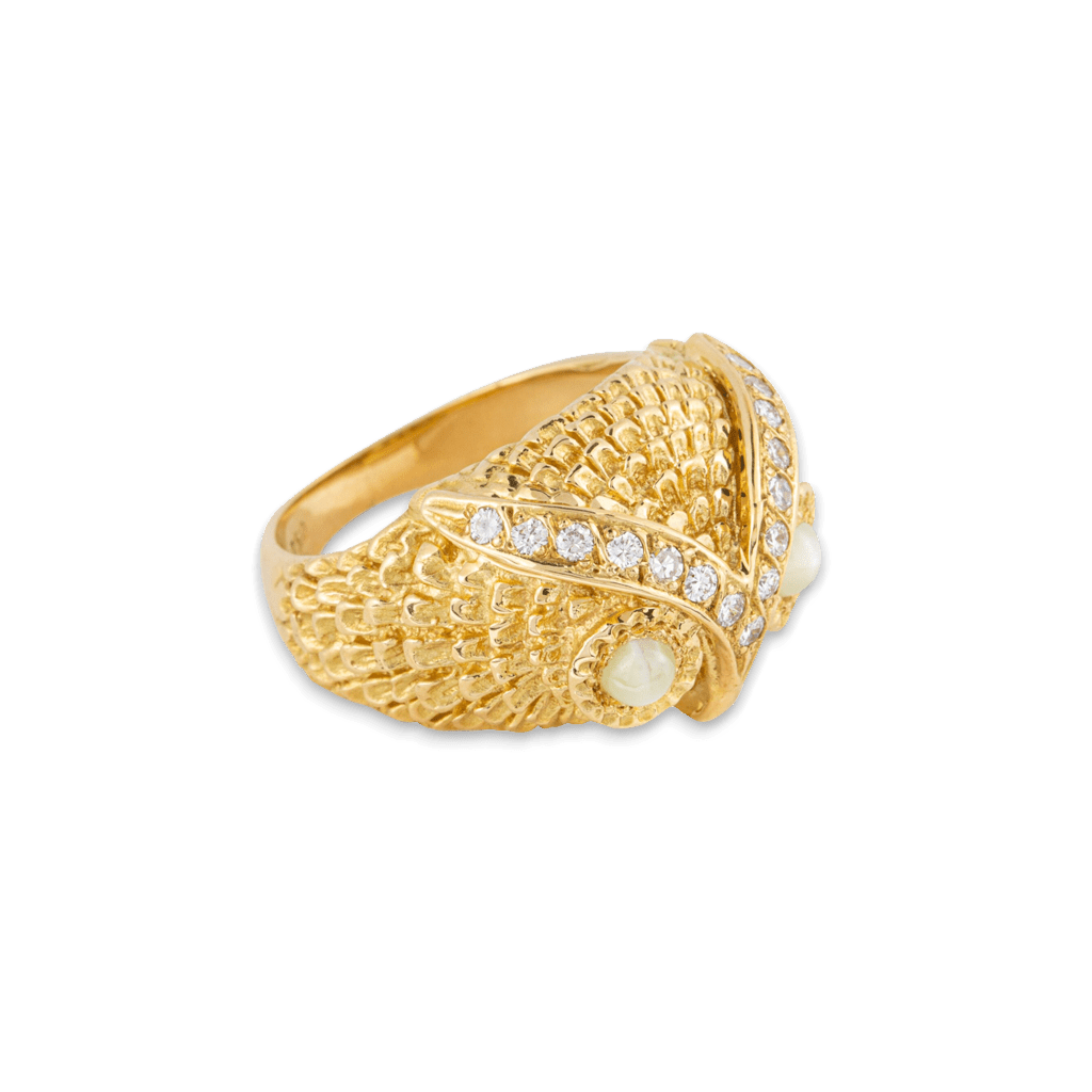 Yellow gold, diamond and chrysoberyl owl ring