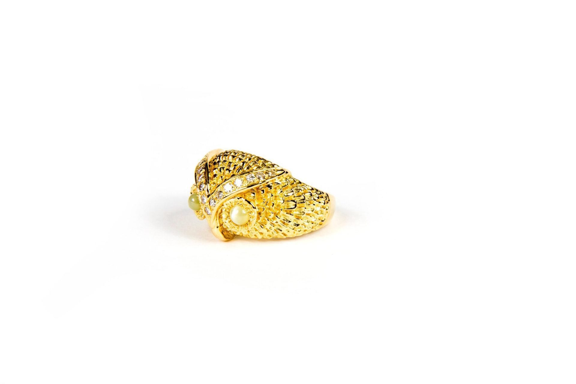 Yellow gold, diamond and chrysoberyl owl ring