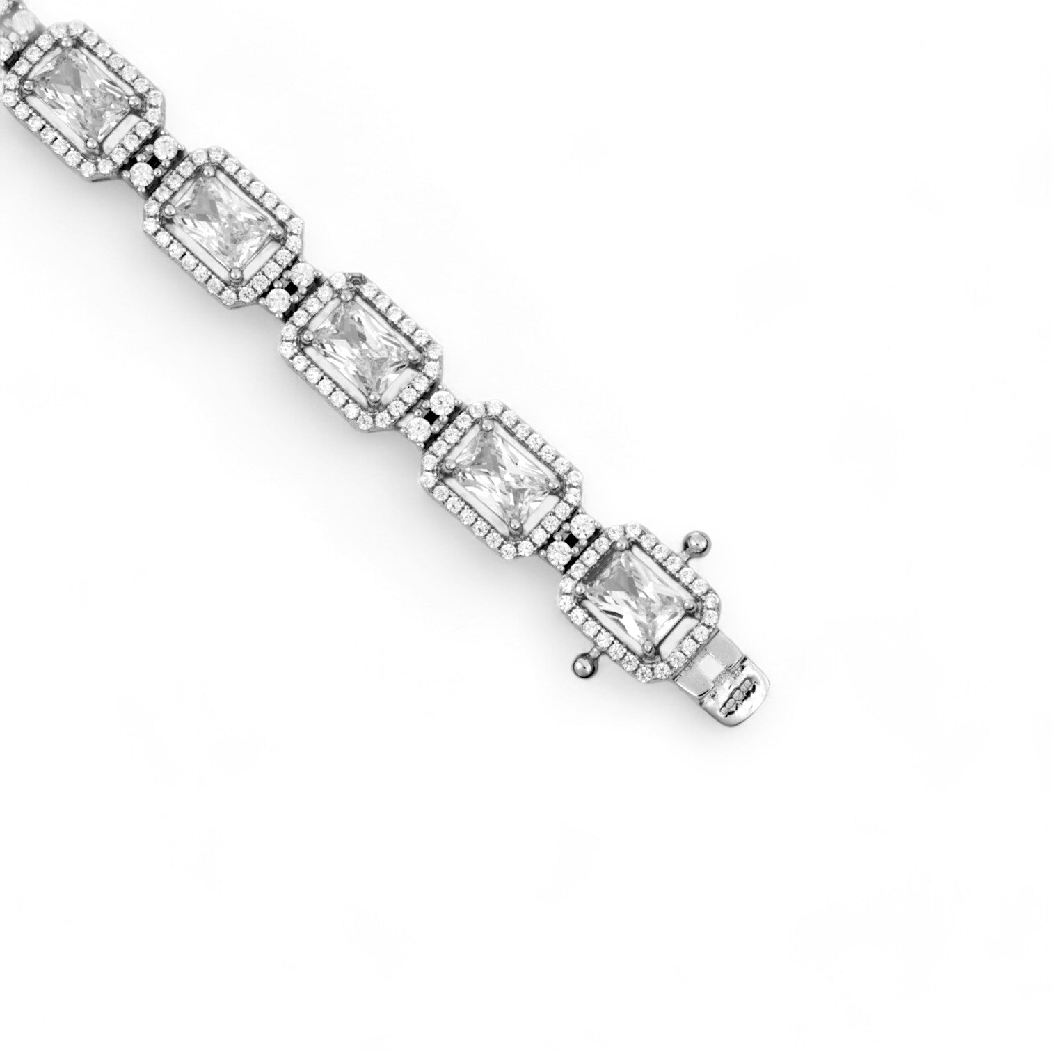 Silver Clear Cz Emerald Cut in Halo Style Tennis Bracelet