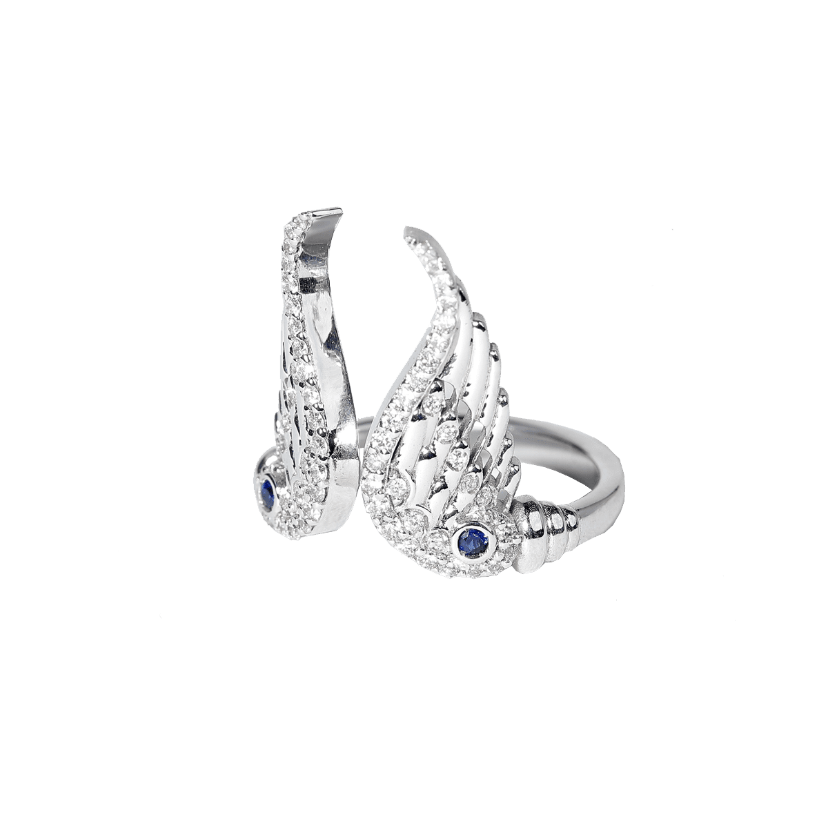 Double wing ring in white gold with diamonds and sapphires