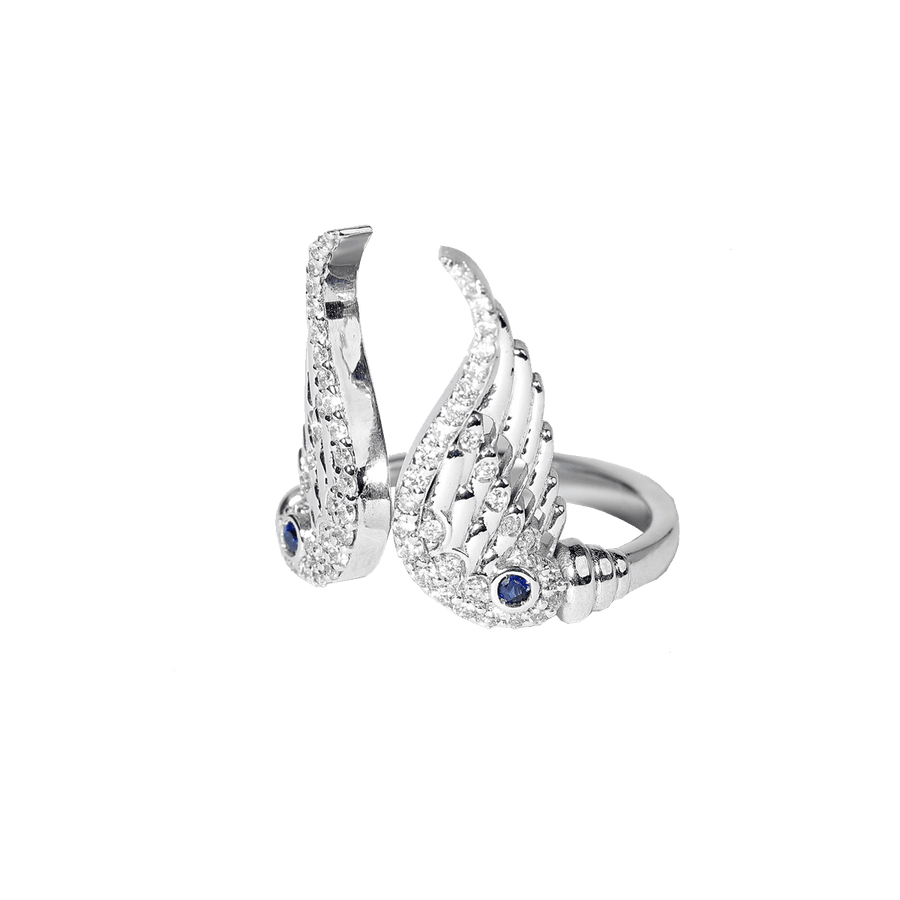 Double wing ring in white gold with diamonds and sapphires