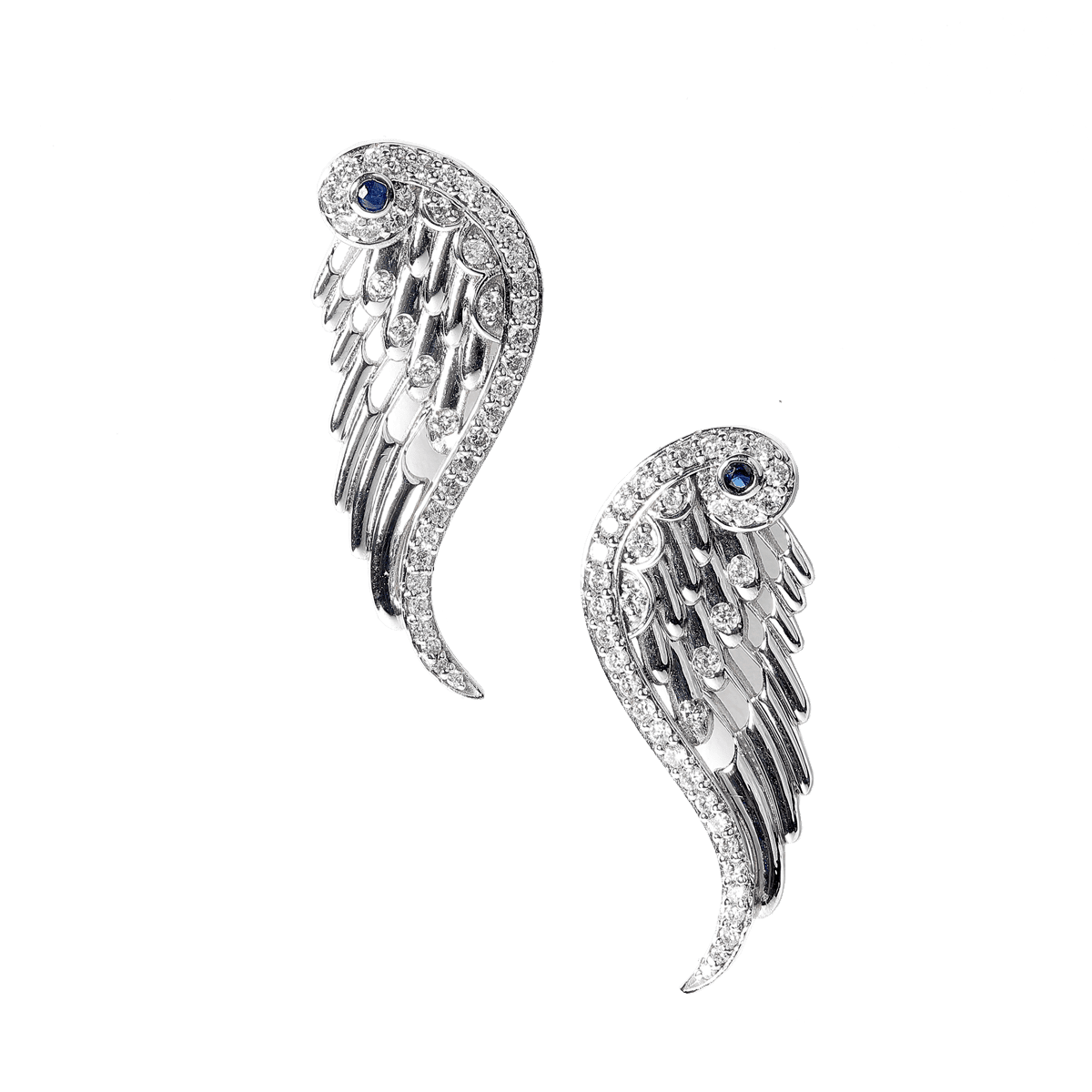 Angel wing earrings in white gold, diamonds and sapphires