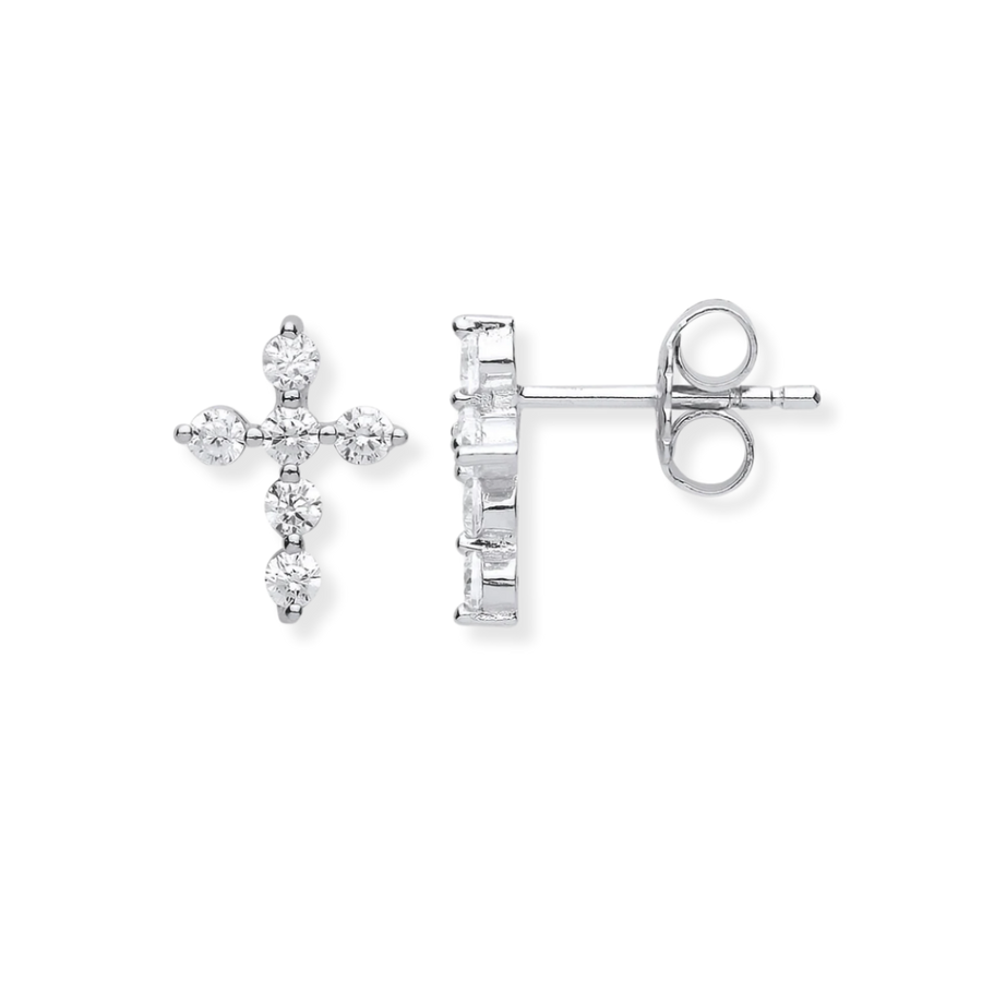 Silver CZ Small Cross Stud Earrings