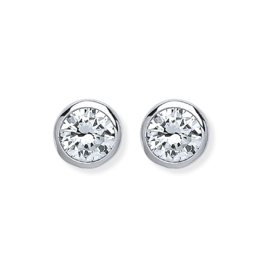 Silver Round Brilliant Cut Rub Over Setting CS Stud Earrings