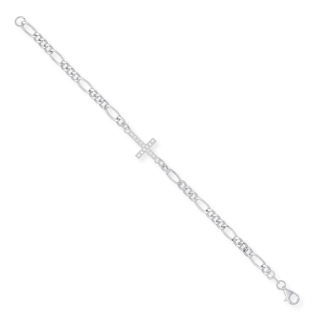 Bracelet maille Figaro avec croix en oxyde de zirconium — argent 925