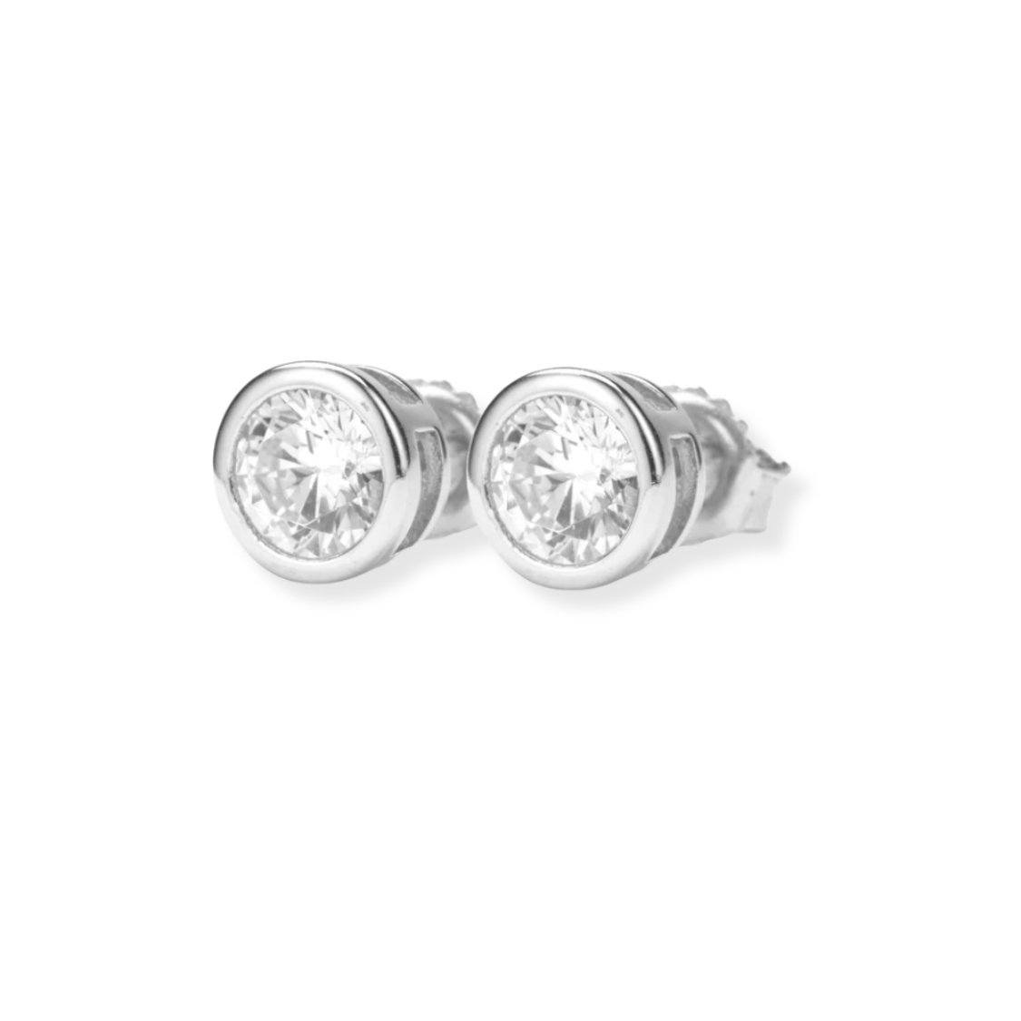 Silver Round Brilliant Cut Rub Over Setting CS Stud Earrings