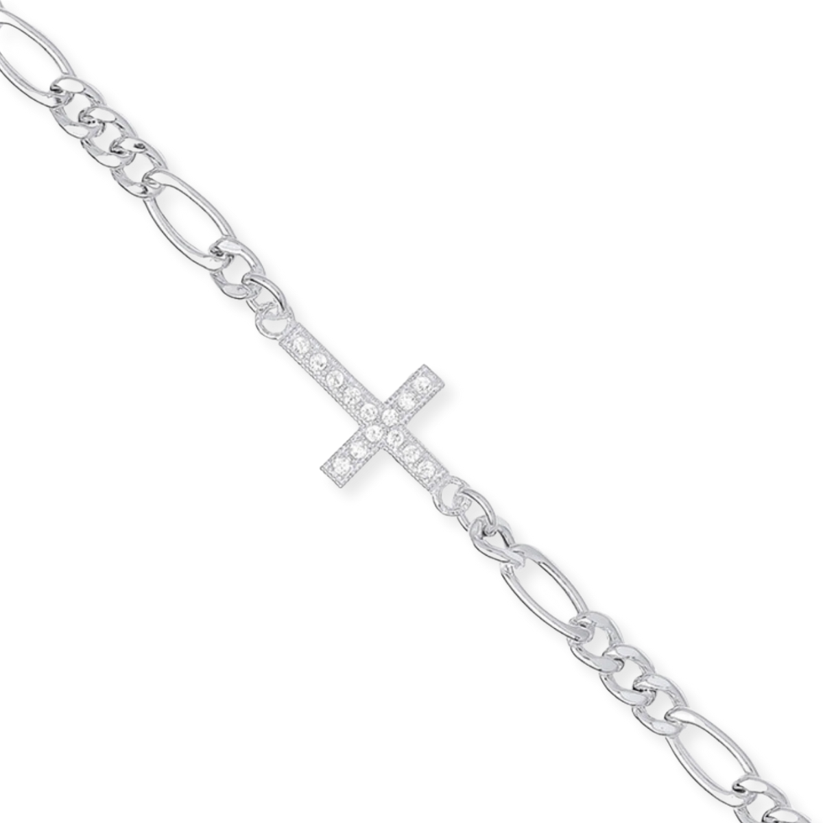 Bracelet maille Figaro avec croix en oxyde de zirconium — argent 925