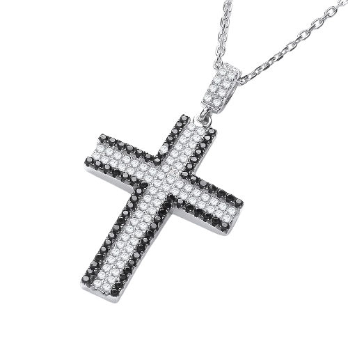 Black and Clear Cubic Zirconia Cross with Micro Pave Chain