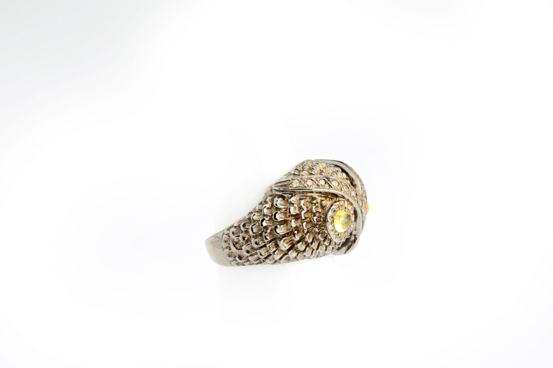 Silver, diamond and citrine cabochon owl ring
