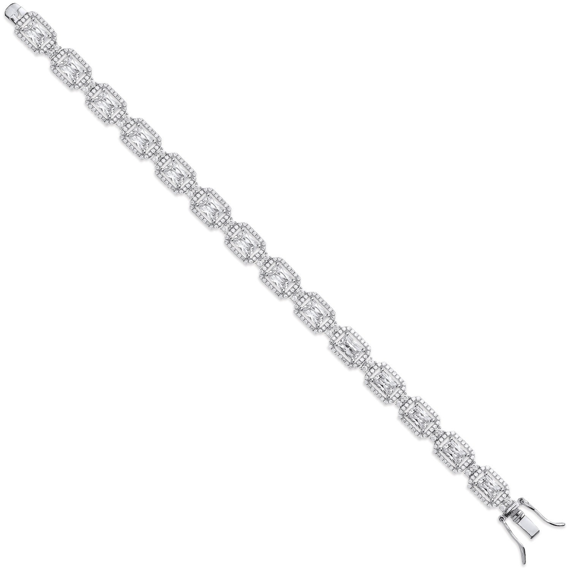 Silver Clear Cz Emerald Cut in Halo Style Tennis Bracelet