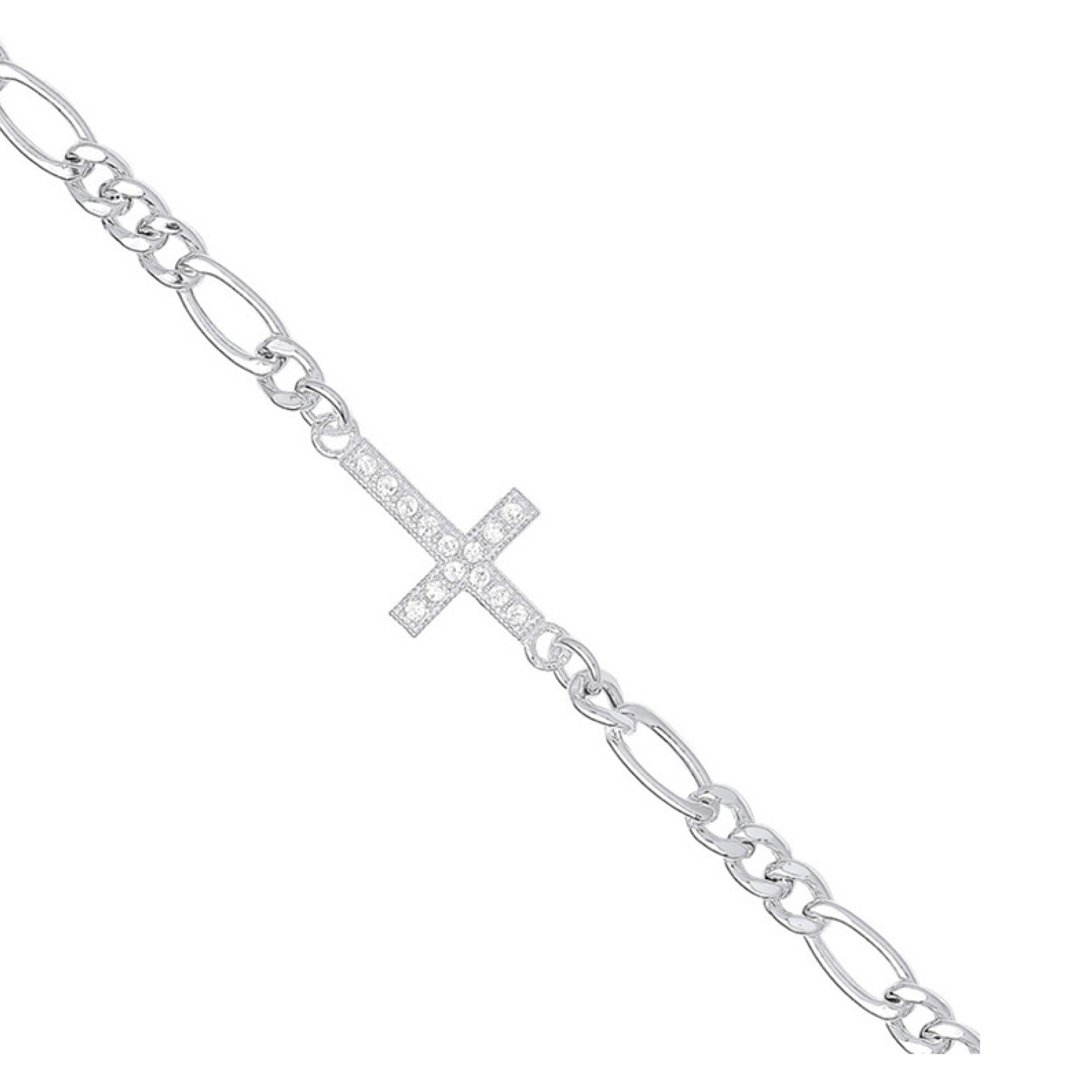 Silver Figaro Chain with Cz Cross Bracelet