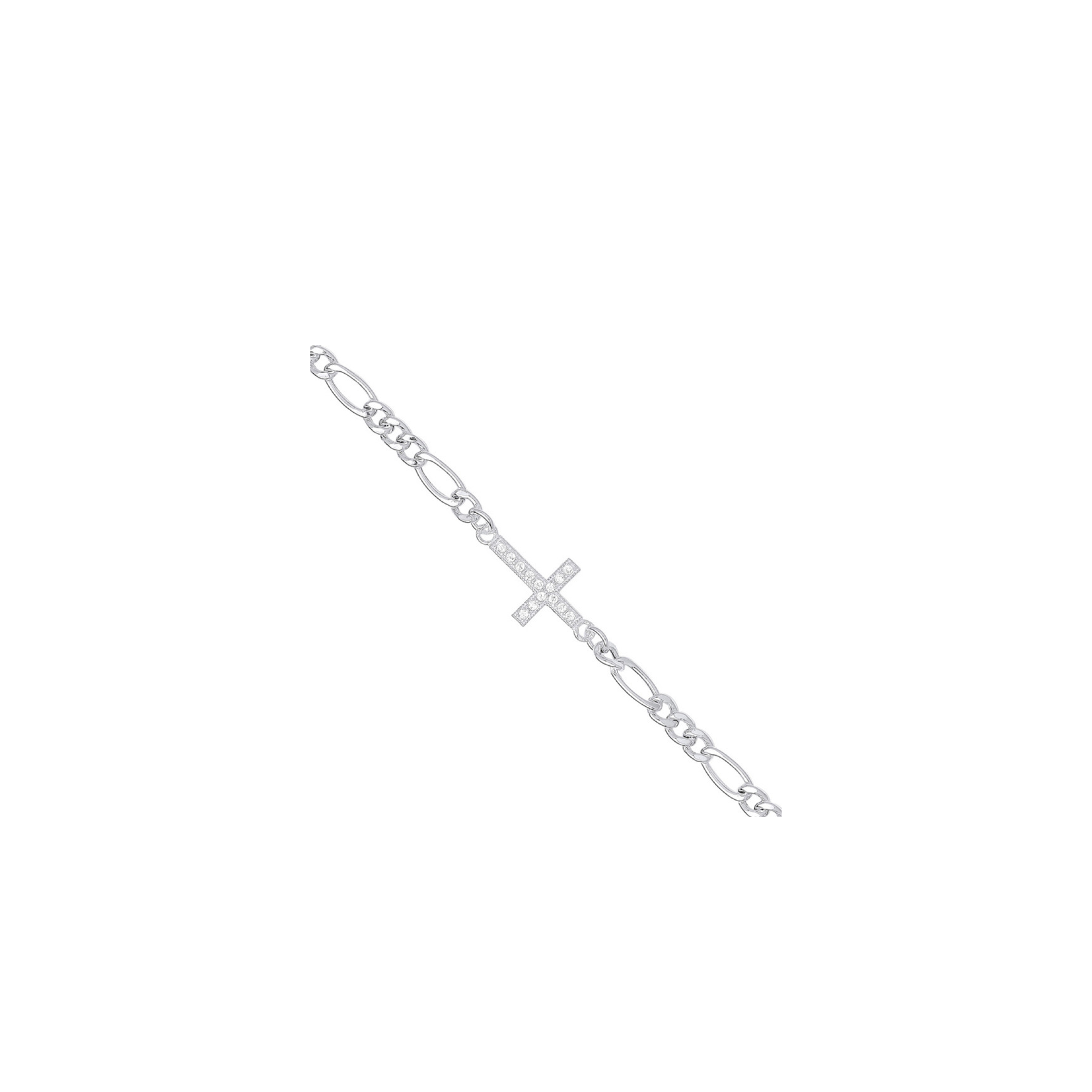 Silver Figaro Chain with Cz Cross Bracelet