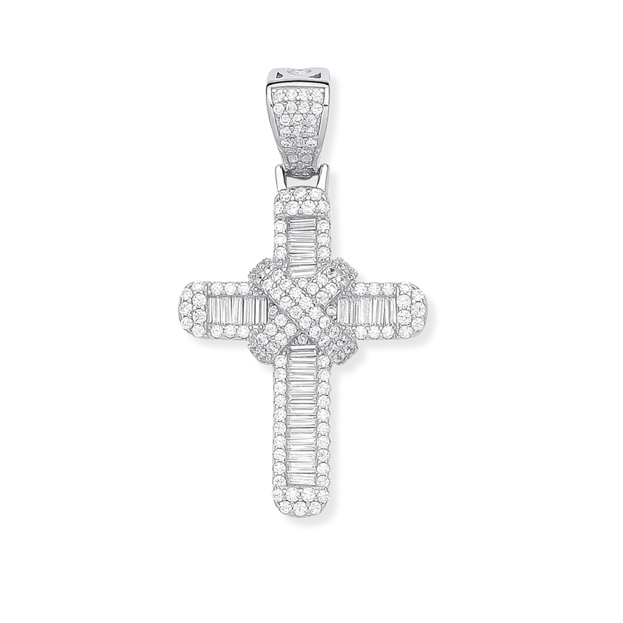 Silver Round & Baguette CZs Kiss Cross