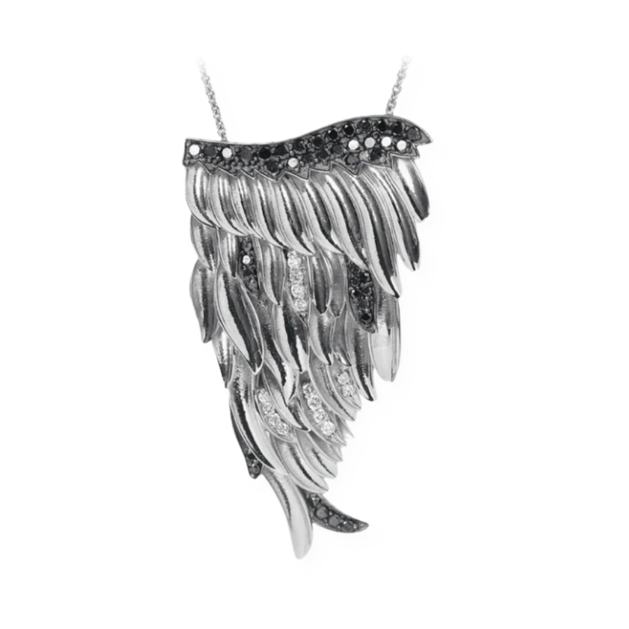 Silver, White Diamond & Black Diamond Angel Large Wing Pendant