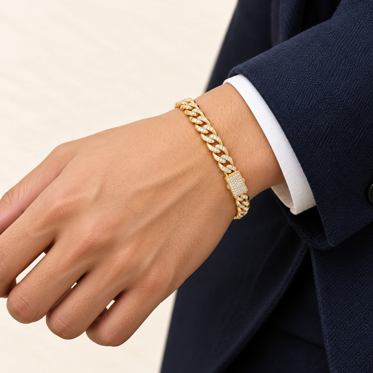 Bracelet Gourmette Lumière — or jaune 9 carats et oxydes de zirconium, 8 mm