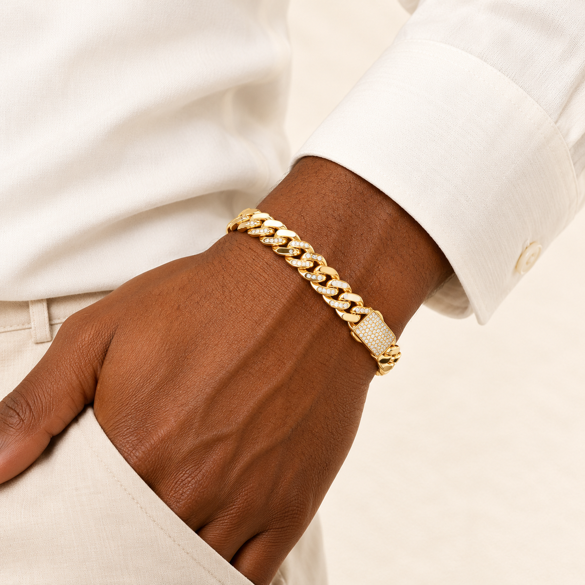 Bracelet Gourmette Lumière — or jaune 9 carats et oxydes de zirconium, 9 mm