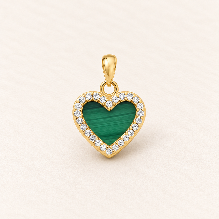 Collier Cœur Malachite — or jaune 9 carats et oxydes de zirconium