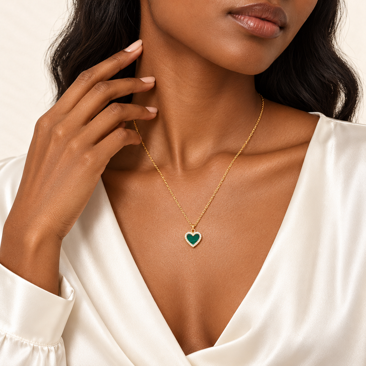 Malachite Heart Necklace — 9ct yellow gold and cubic zirconia