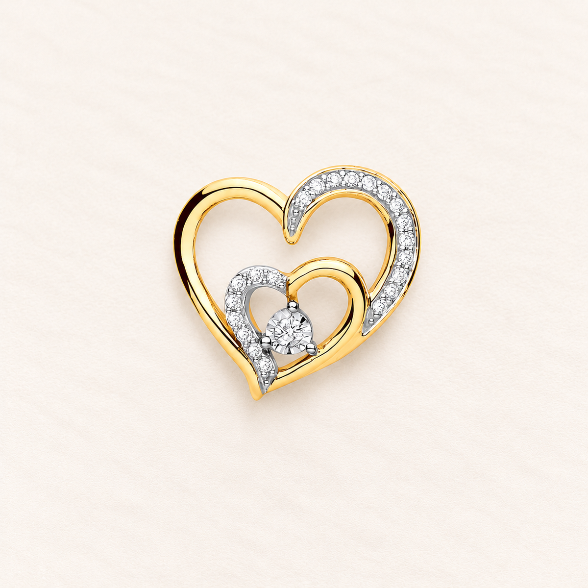 Pendentif Cœurs Liés — or jaune 9 carats et diamants 0,10 ct