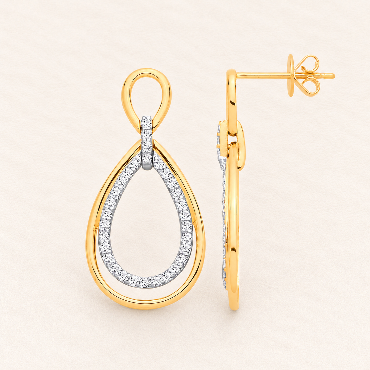 Boucles Doubles Gouttes — or jaune 9 carats et diamants 0,49 ct