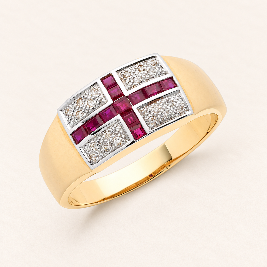 Chevalière Croix Rubis — or jaune 9 carats et diamants