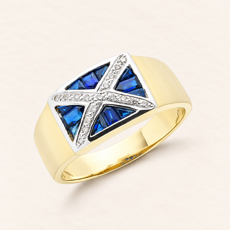 Chevalière Saphir Croisé — or jaune 9 carats et diamants