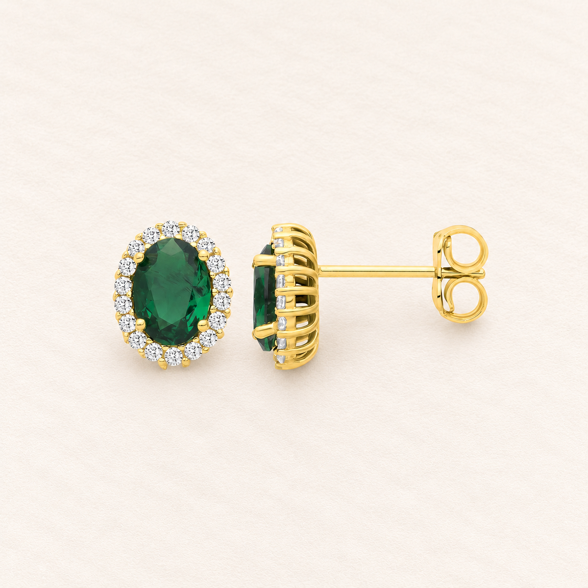 Puces Halo Vert — or jaune 9 carats et oxydes de zirconium