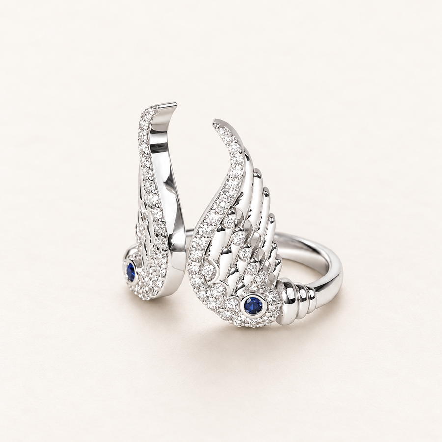 Double wing ring in white gold with diamonds and sapphires — 18K