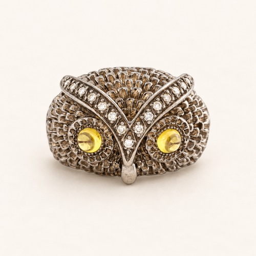 Silver, diamond and citrine cabochon owl ring