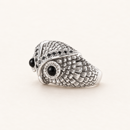 Silver, black diamond and onyx owl ring