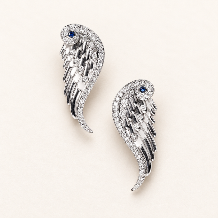 Boucles d’oreilles ailes d’ange en argent 925, diamants et saphirs