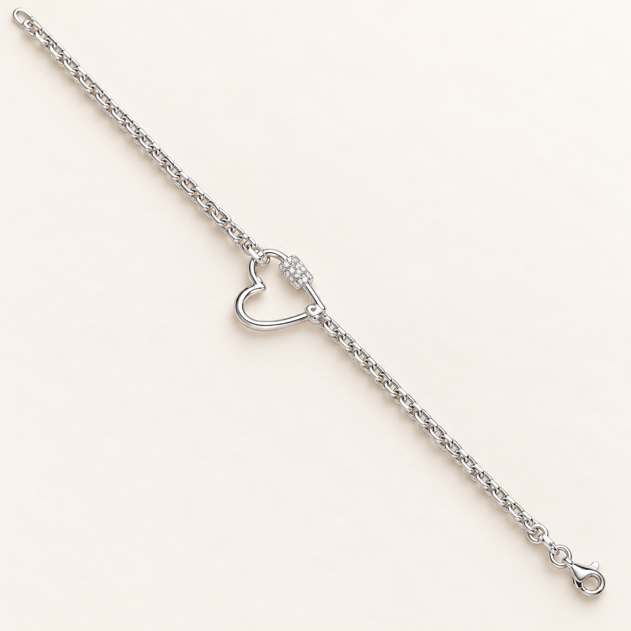 925 sterling silver link bracelet with cubic zirconia heart charm