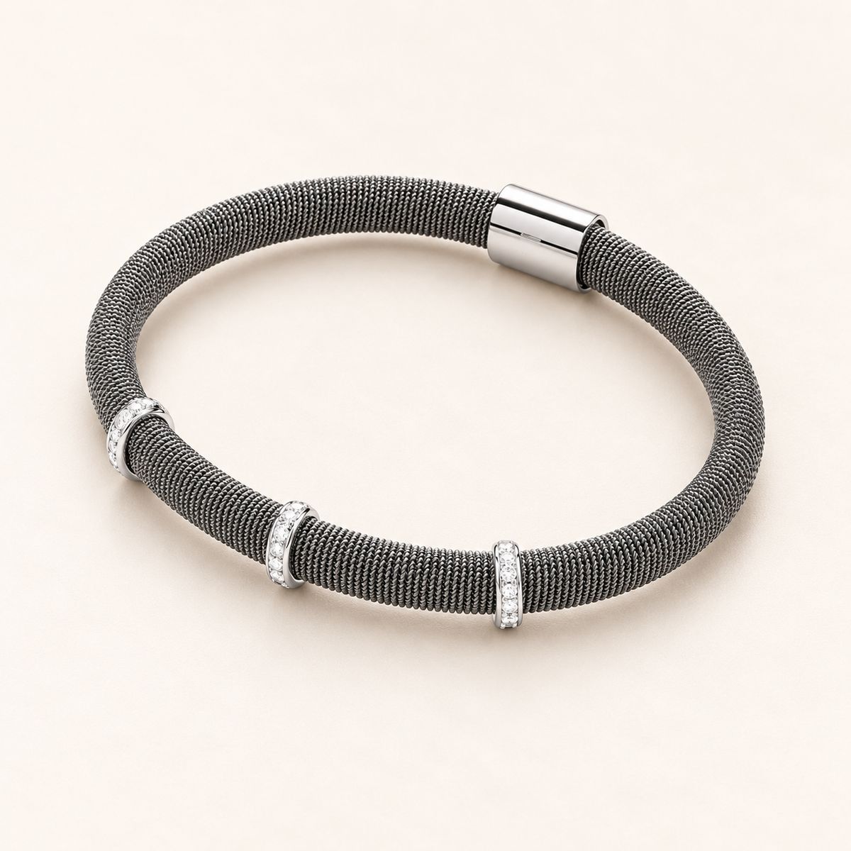 Ruthenium magnetic bracelet with three rows of cubic zirconias