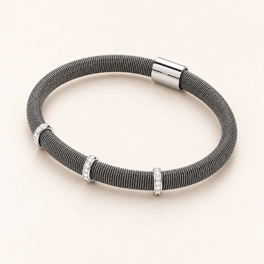 Ruthenium magnetic bracelet with three rows of cubic zirconias