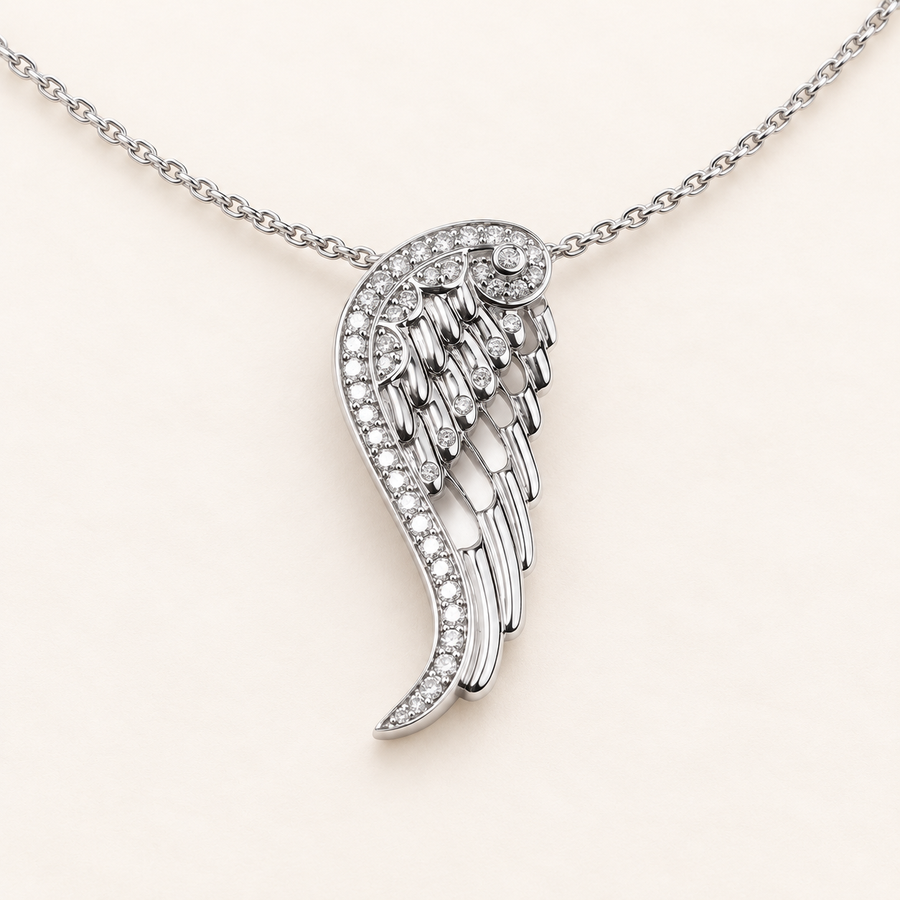 Angel wing pendant in white gold and diamonds — 18K