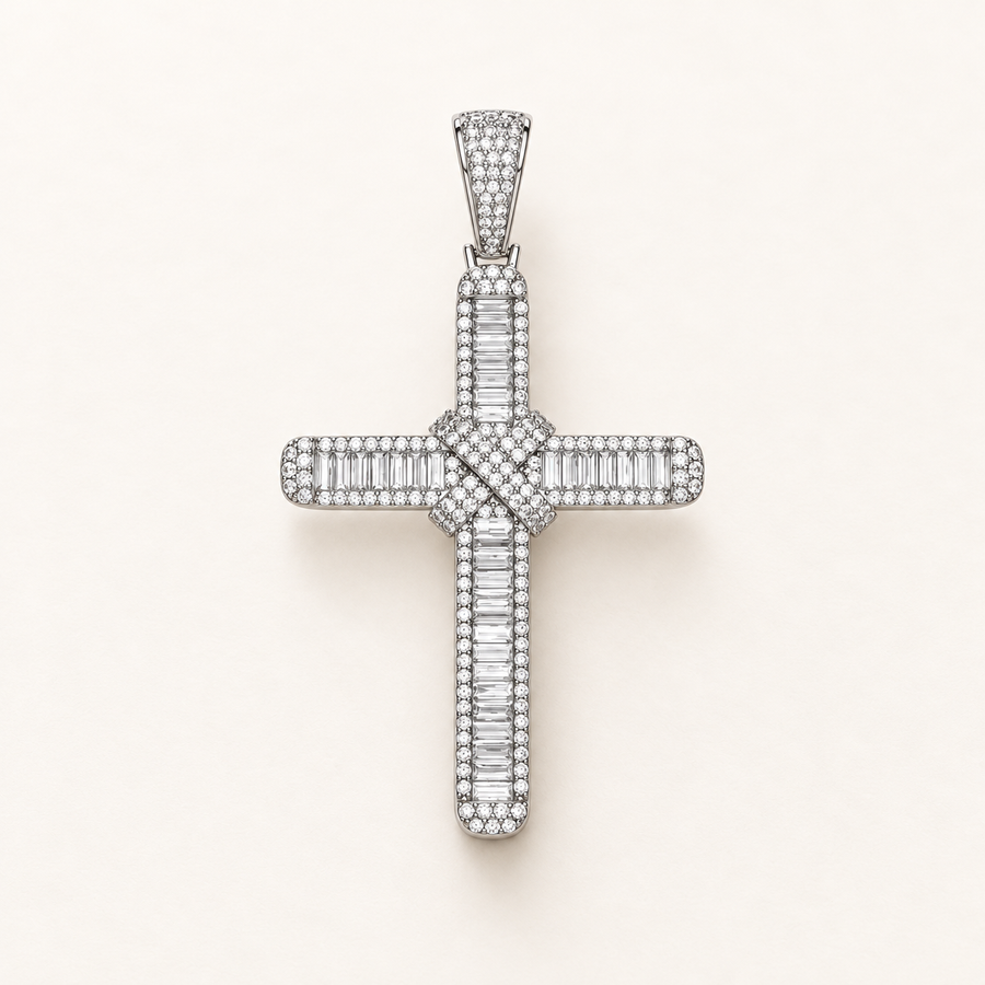 925 sterling silver Baguettes &amp; Round CZs Large Cross